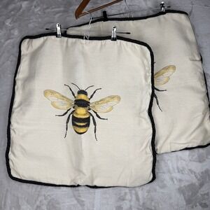 Set of 2 Embroidered Bee Pillow Covers Cream Black Trim